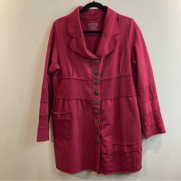 NEON BUDDHA Sz L Jersey Knit Wooden Buttons Raw Seams Collar Pockets Jacket - Picture 1 of 7